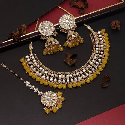 Yellow Color Choker Kundan Necklace Set (KN1312YLW) - preyans.com