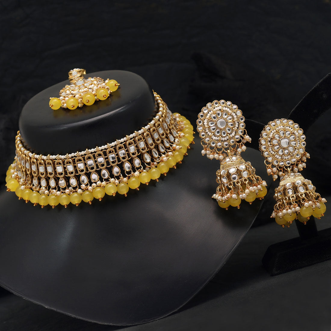 Yellow Color Choker Kundan Necklace Set (KN1312YLW) - preyans.com