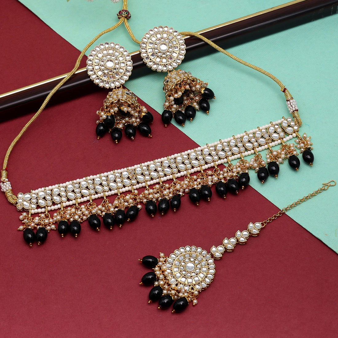 Black Color Choker Kundan Necklace Set (KN1314BLK) - preyans.com