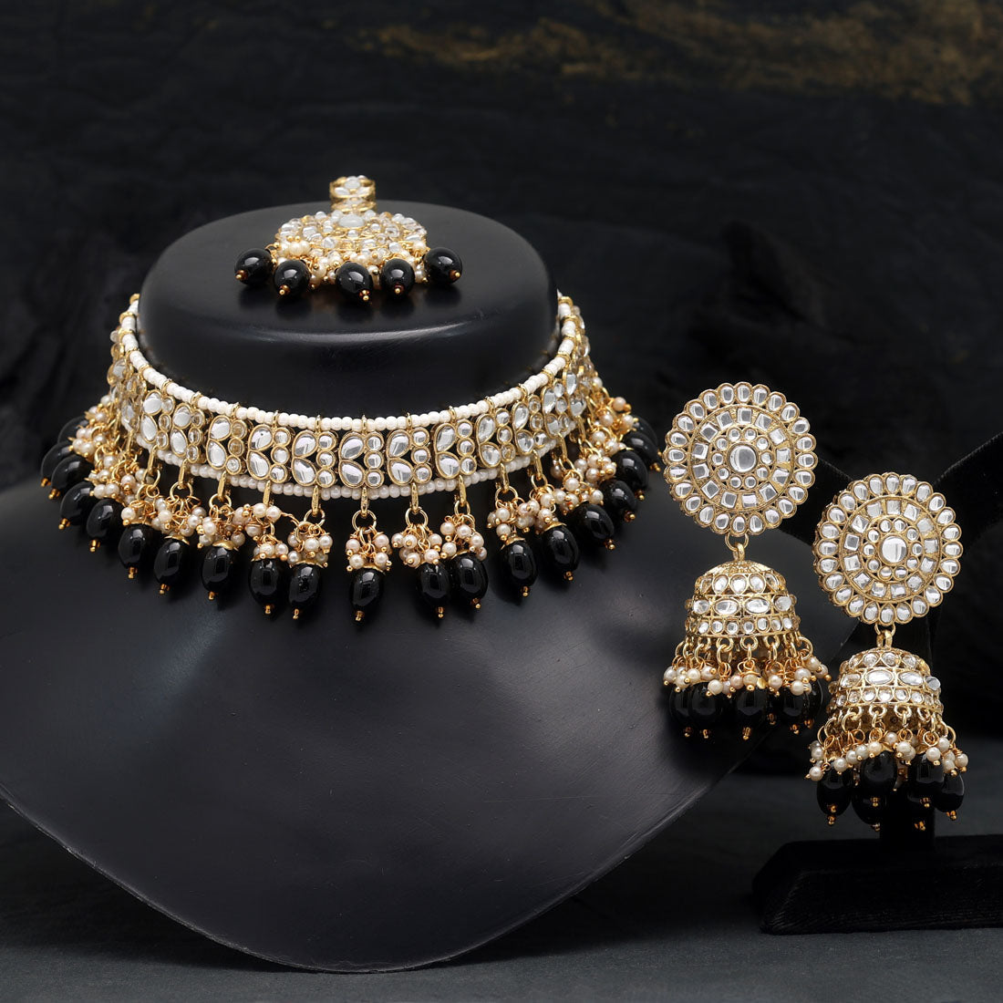 Black Color Choker Kundan Necklace Set (KN1314BLK) - preyans.com