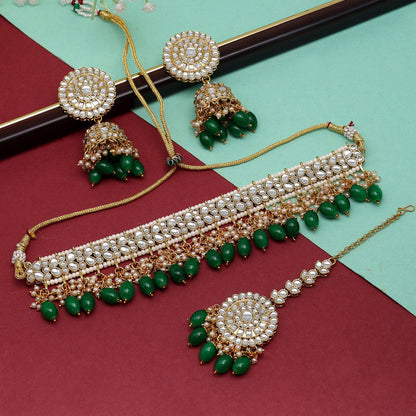 Green Color Choker Kundan Necklace Set (KN1314GRN) - preyans.com