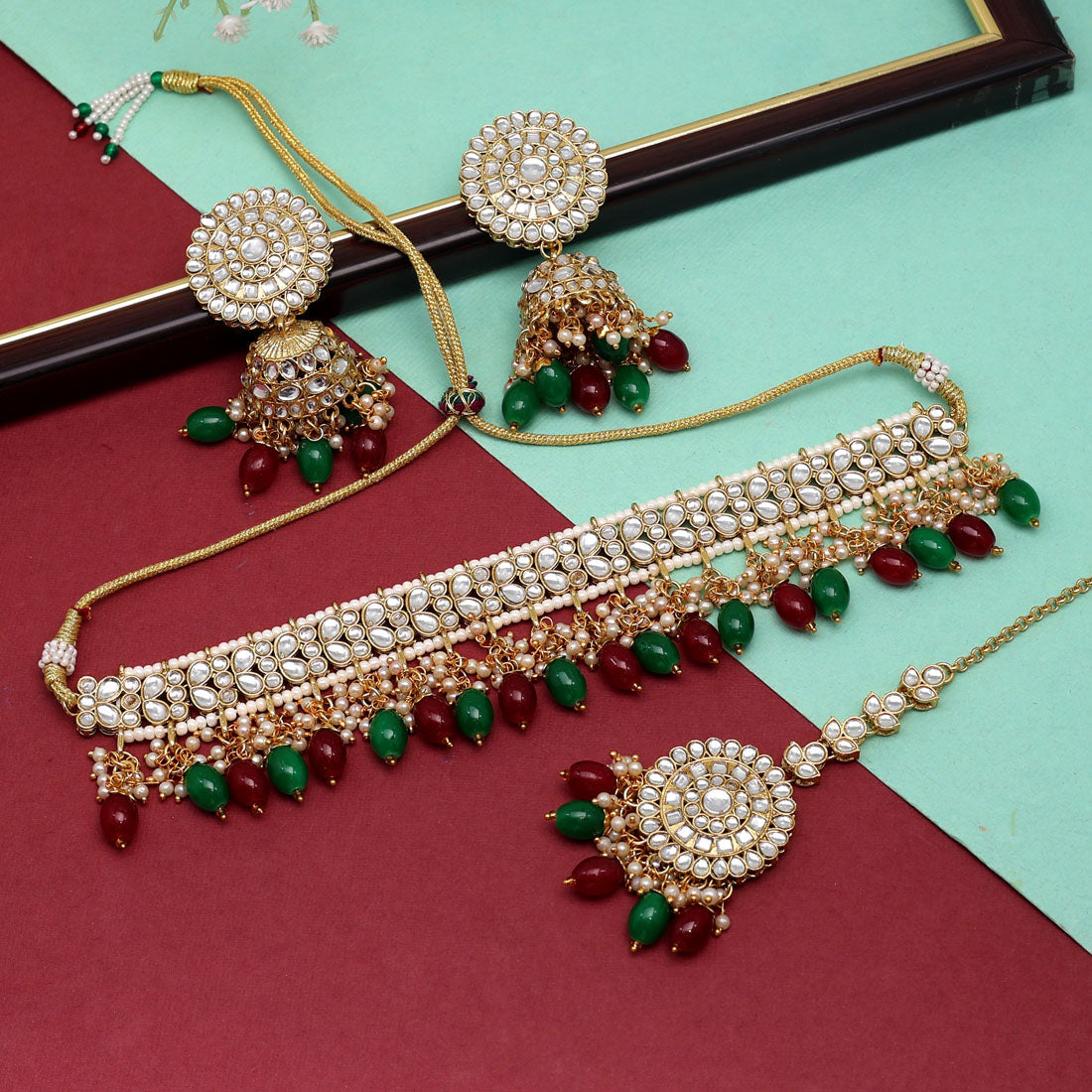 Maroon & Green Color Choker Kundan Necklace Set (KN1314MG) - preyans.com