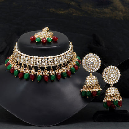 Maroon & Green Color Choker Kundan Necklace Set (KN1314MG) - preyans.com