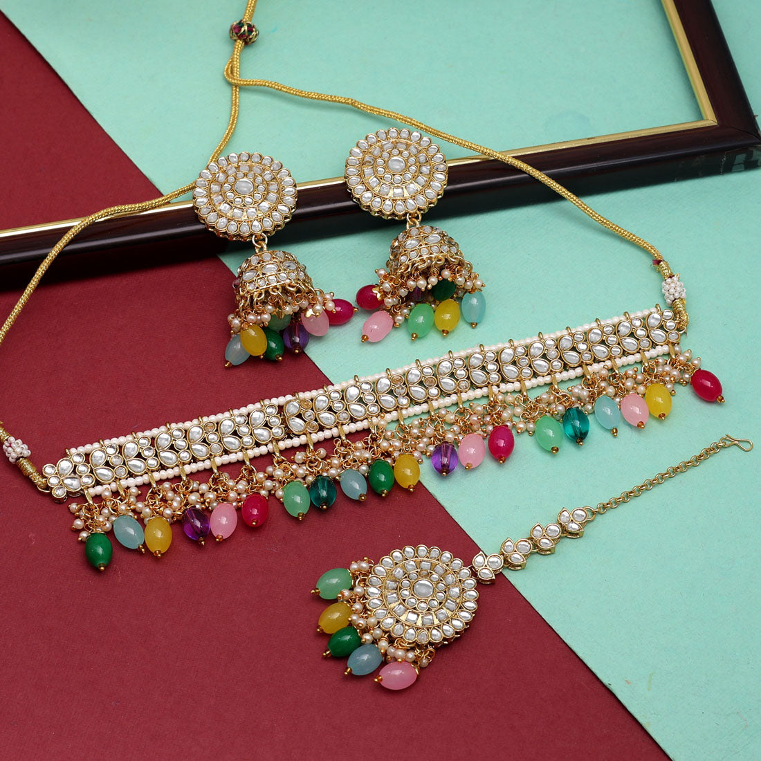 Multi Color Choker Kundan Necklace Set (KN1314MLT) - preyans.com