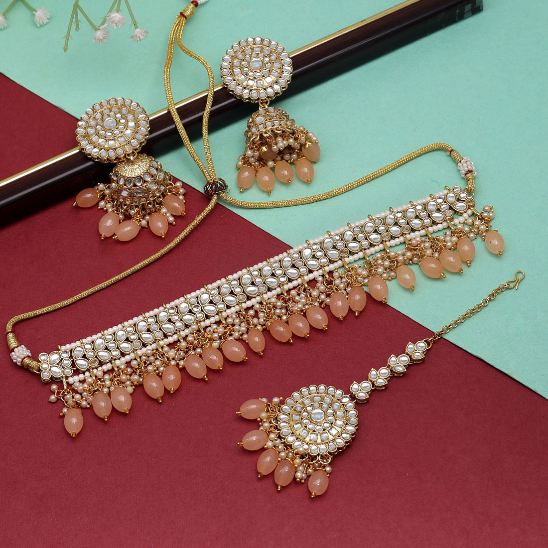 Peach Color Choker Kundan Necklace Set (KN1314PCH) - preyans.com