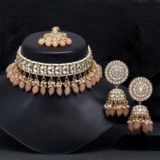 Peach Color Choker Kundan Necklace Set (KN1314PCH) - preyans.com