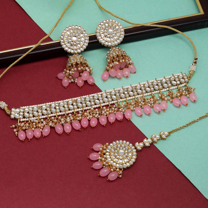 Pink Color Choker Kundan Necklace Set (KN1314PNK) - preyans.com