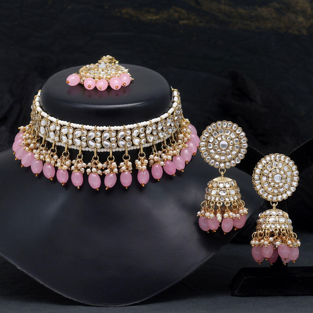 Pink Color Choker Kundan Necklace Set (KN1314PNK) - preyans.com