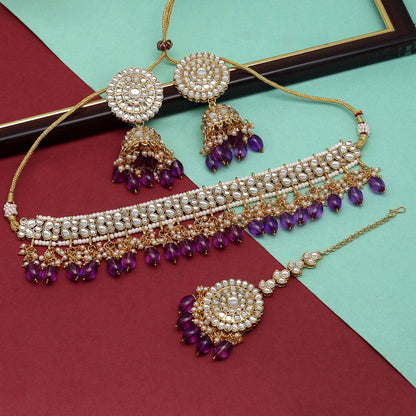 Purple Color Choker Kundan Necklace Set (KN1314PRP) - preyans.com