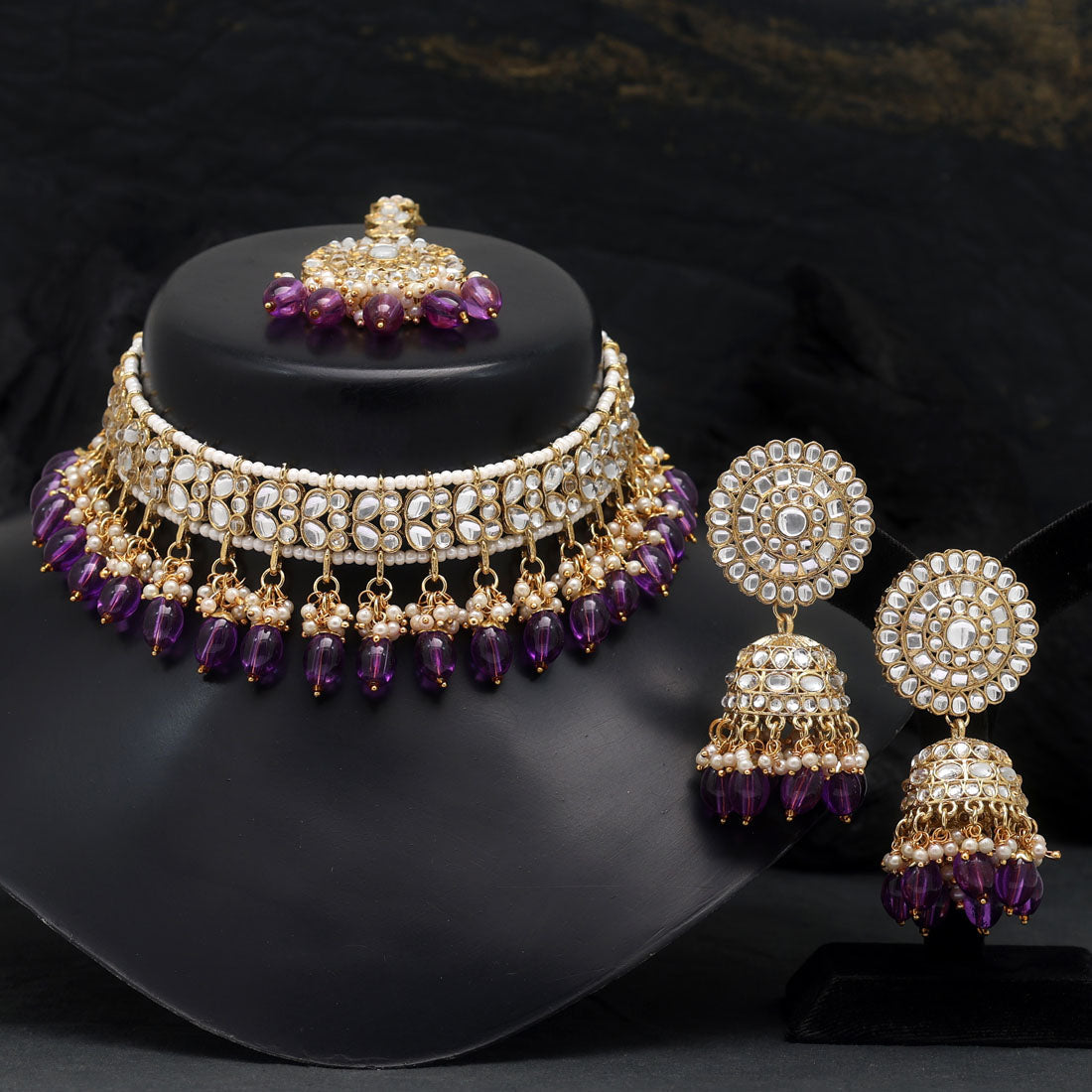 Purple Color Choker Kundan Necklace Set (KN1314PRP) - preyans.com