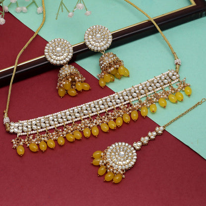 Yellow Color Choker Kundan Necklace Set (KN1314YLW) - preyans.com