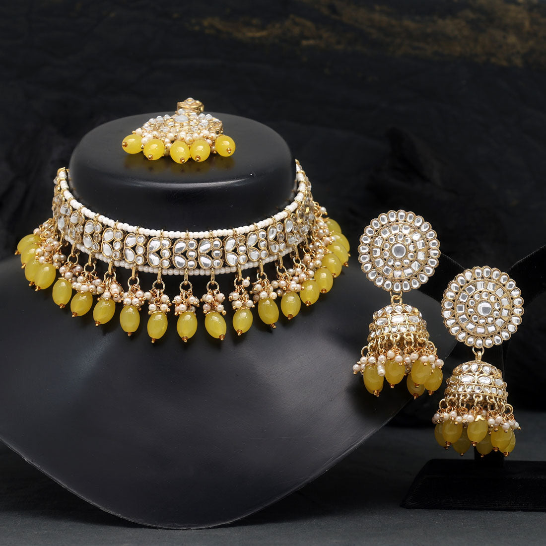 Yellow Color Choker Kundan Necklace Set (KN1314YLW) - preyans.com