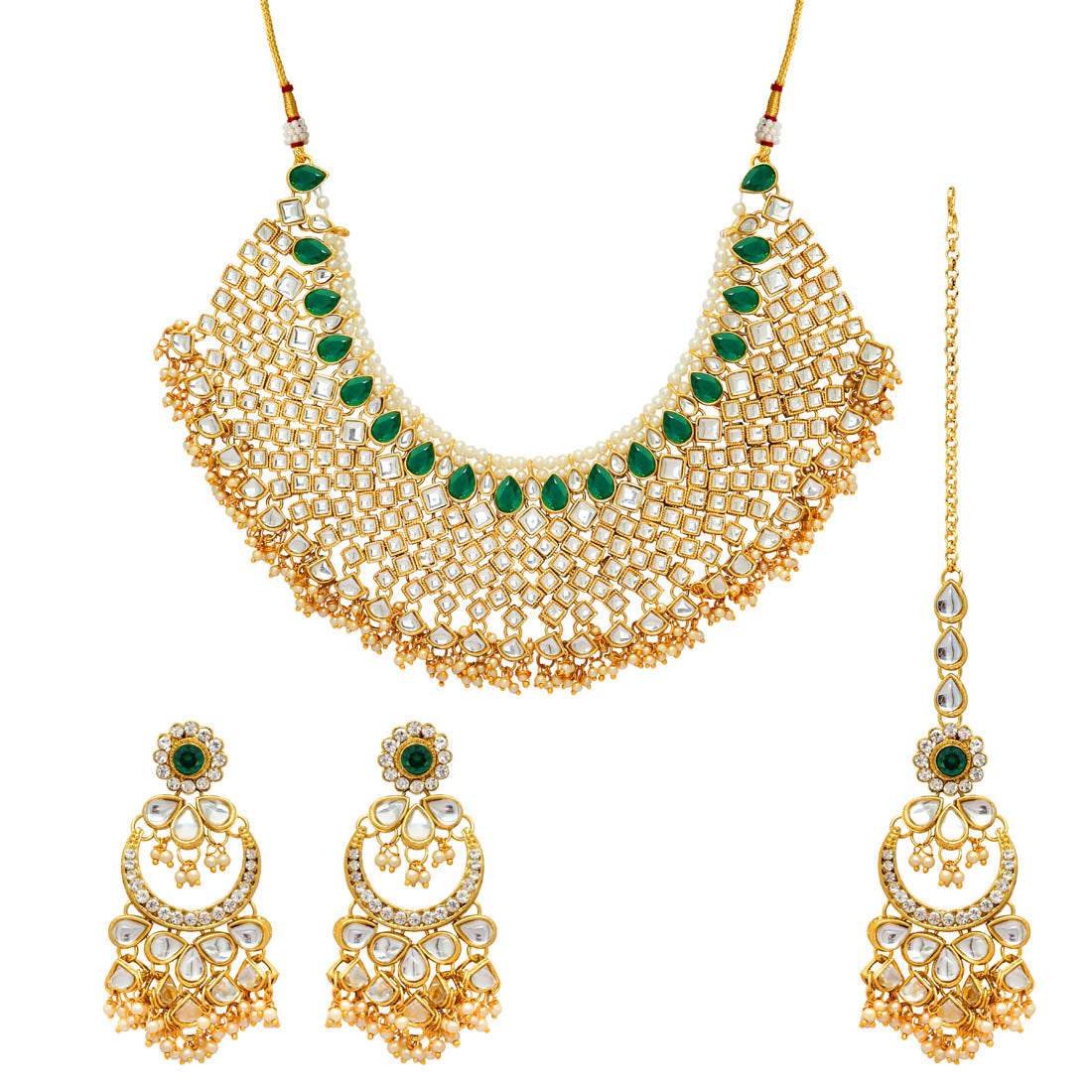 Green Color Kundan Necklace With Earring & Maang Tikka (KN131GRN) - Preyans.com