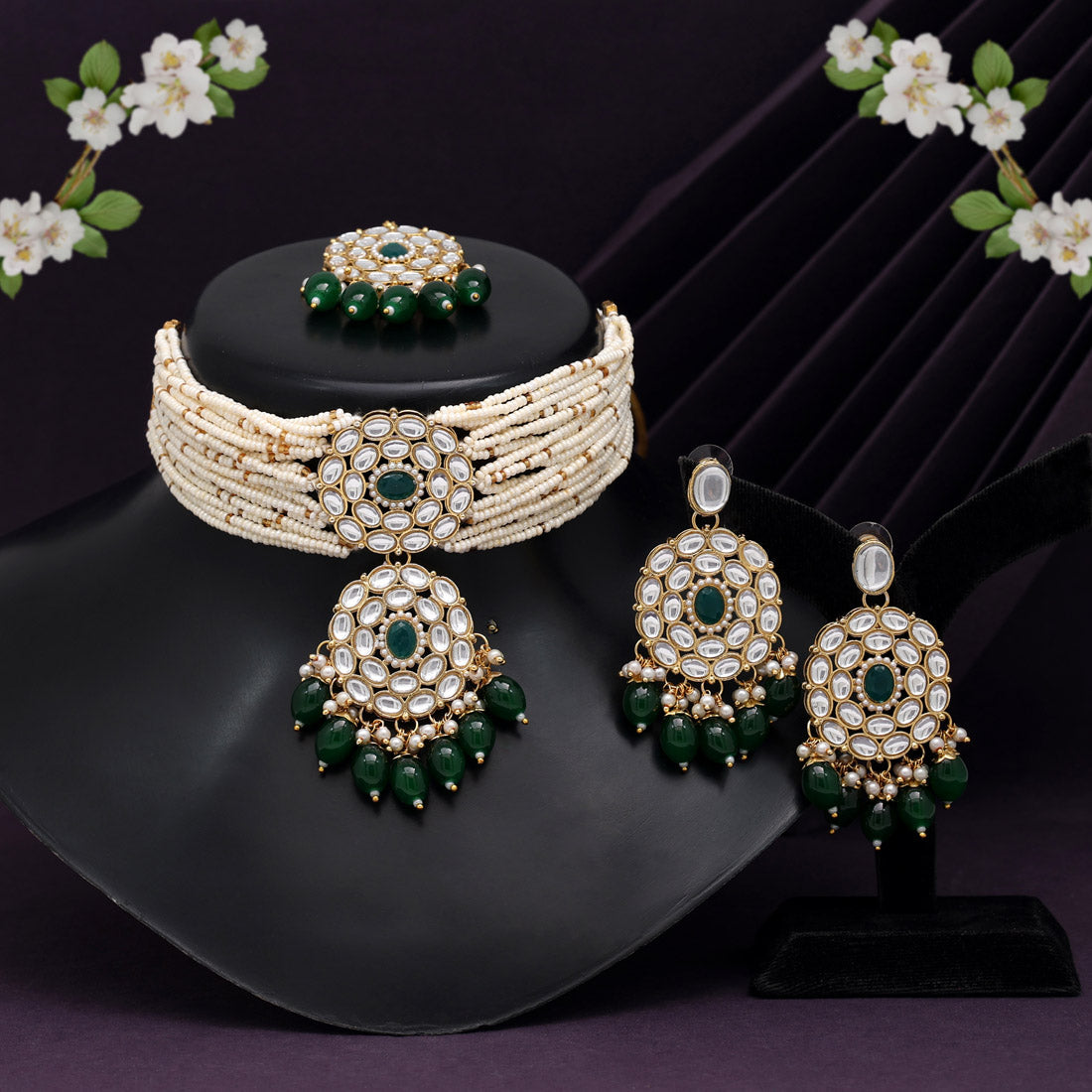 Green Color Choker Kundan Necklace Set (KN1343GRN) - preyans.com