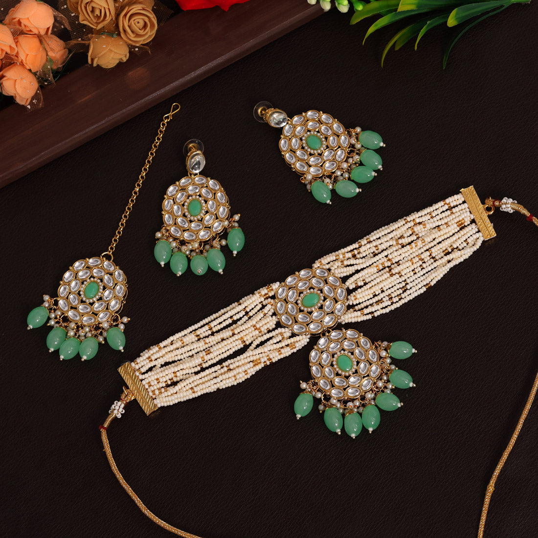 Parrot Green Color Choker Kundan Necklace Set (KN1343PGRN) - preyans.com