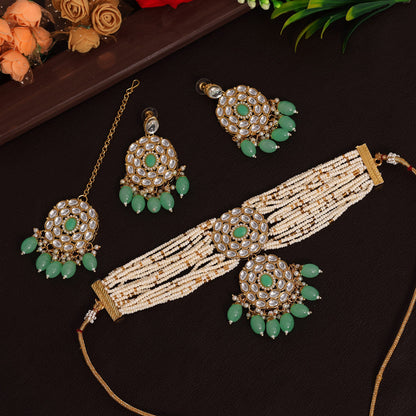 Parrot Green Color Choker Kundan Necklace Set (KN1343PGRN) - preyans.com