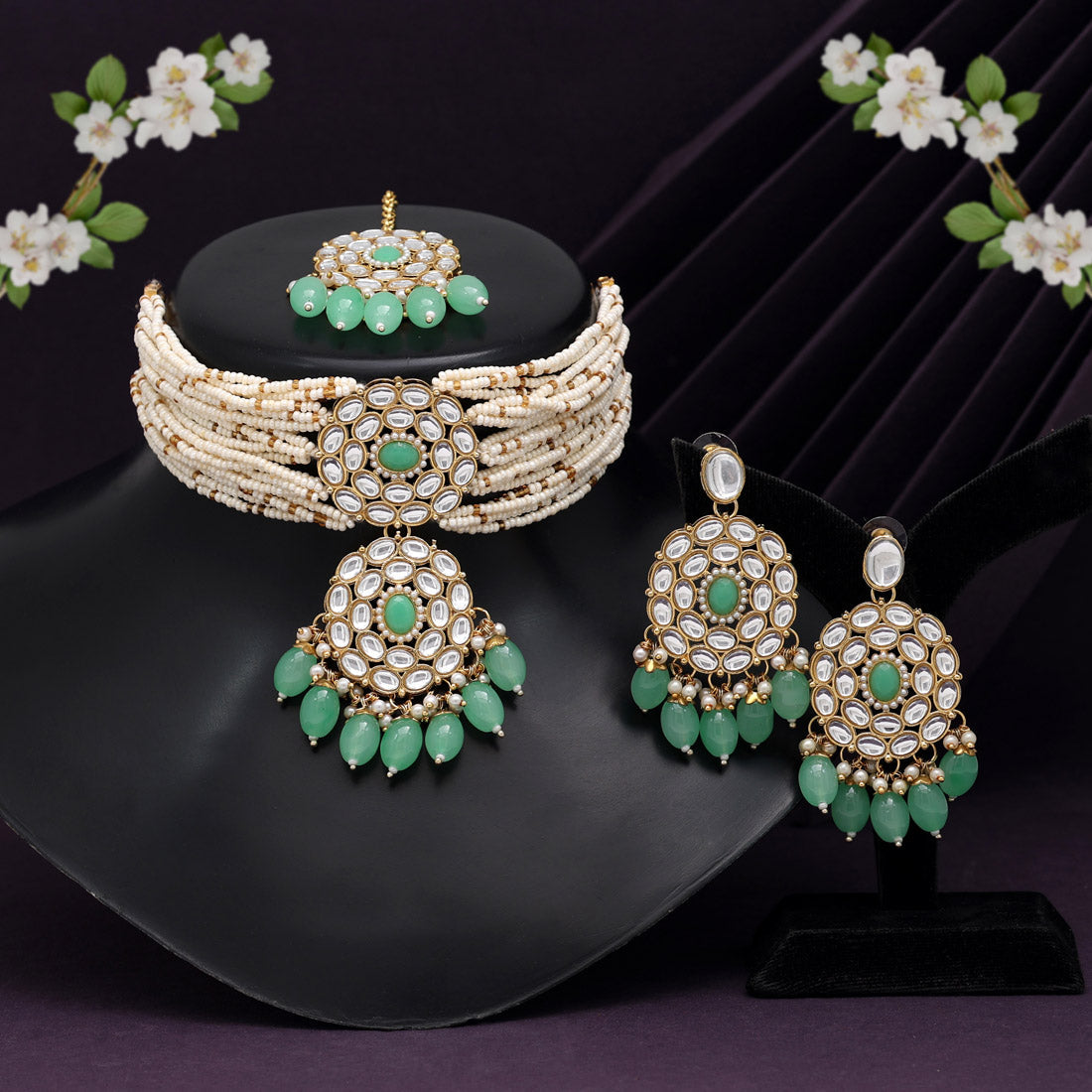 Parrot Green Color Choker Kundan Necklace Set (KN1343PGRN) - preyans.com