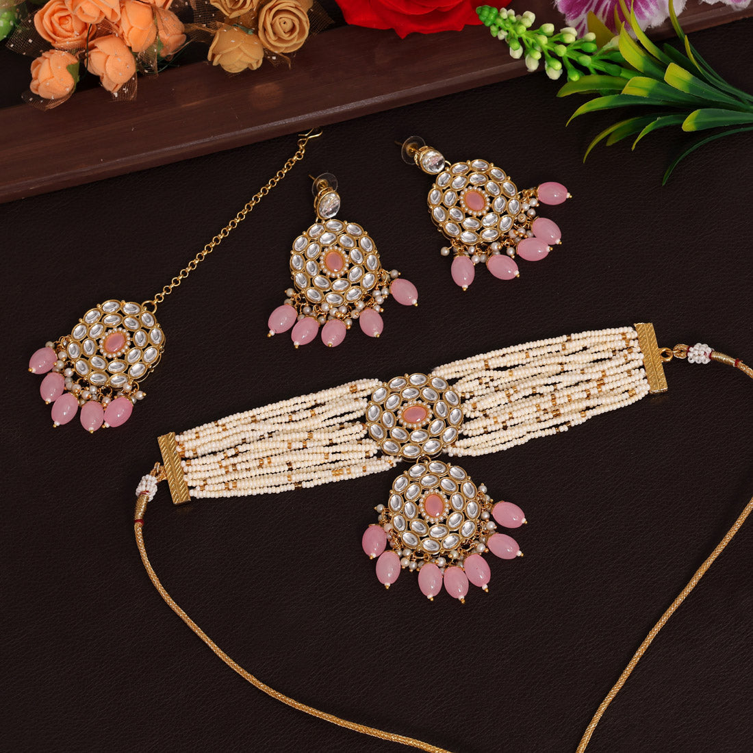 Pink Color Choker Kundan Necklace Set (KN1343PNK) - preyans.com