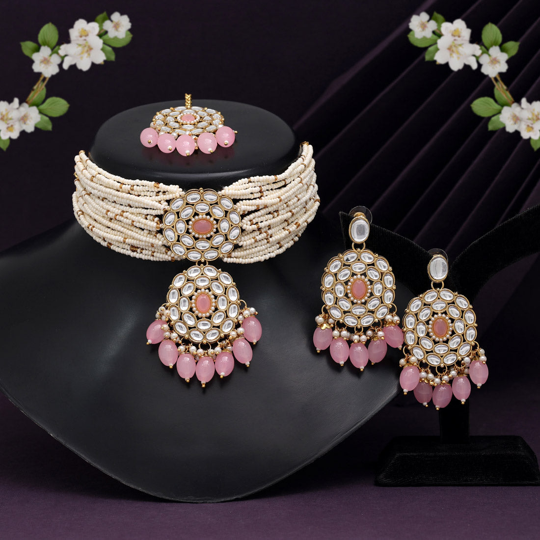 Pink Color Choker Kundan Necklace Set (KN1343PNK) - preyans.com