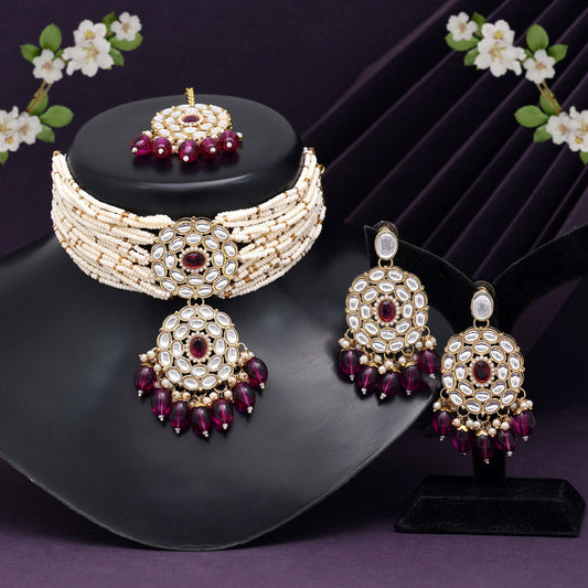 Purple Color Choker Kundan Necklace Set (KN1343PRP) - preyans.com