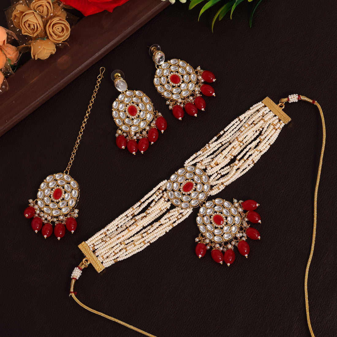 Red Color Choker Kundan Necklace Set (KN1343RED) - preyans.com