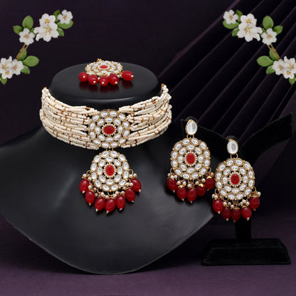 Red Color Choker Kundan Necklace Set (KN1343RED) - preyans.com