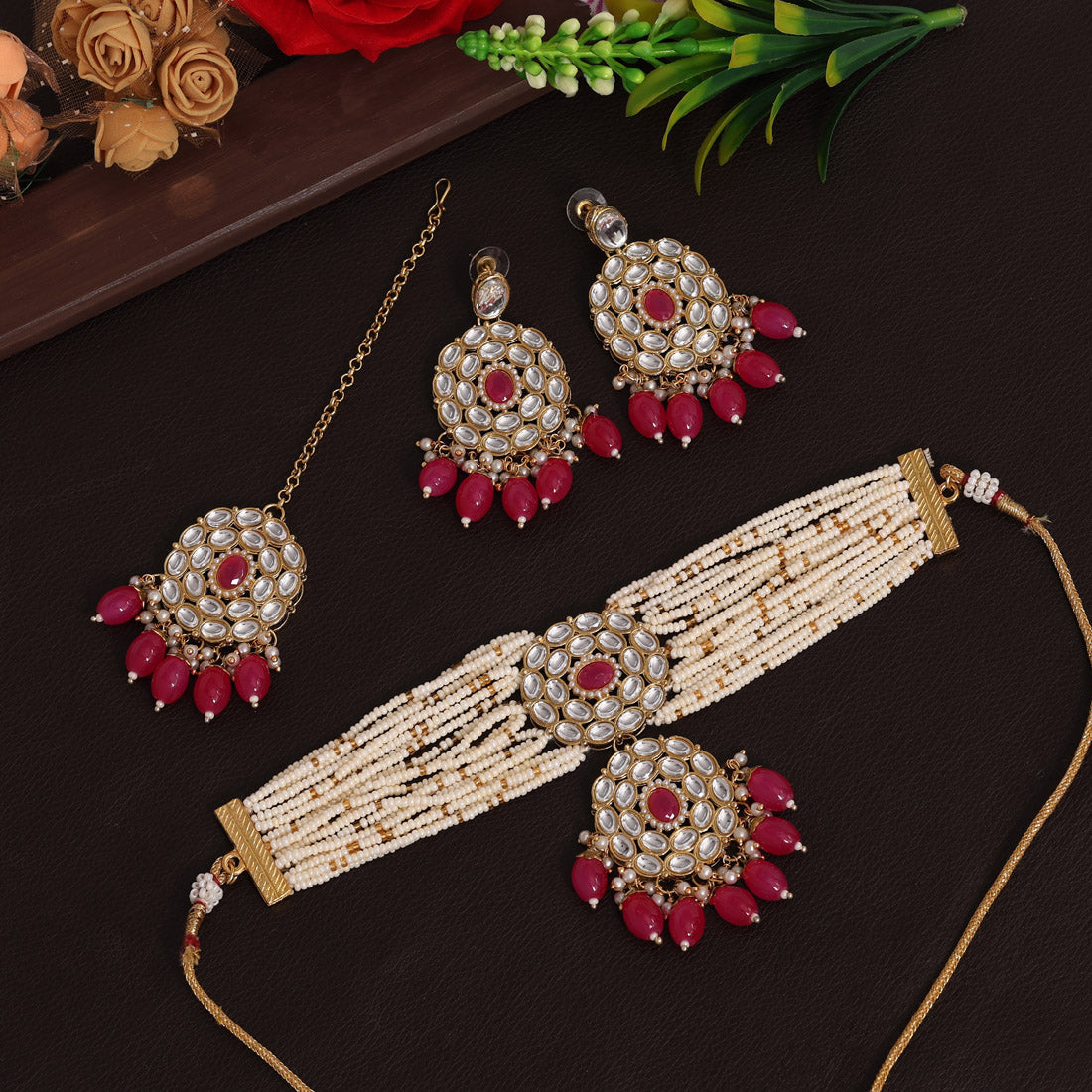 Rani Color Choker Kundan Necklace Set (KN1343RNI) - preyans.com