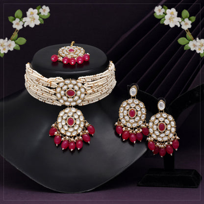 Rani Color Choker Kundan Necklace Set (KN1343RNI) - preyans.com