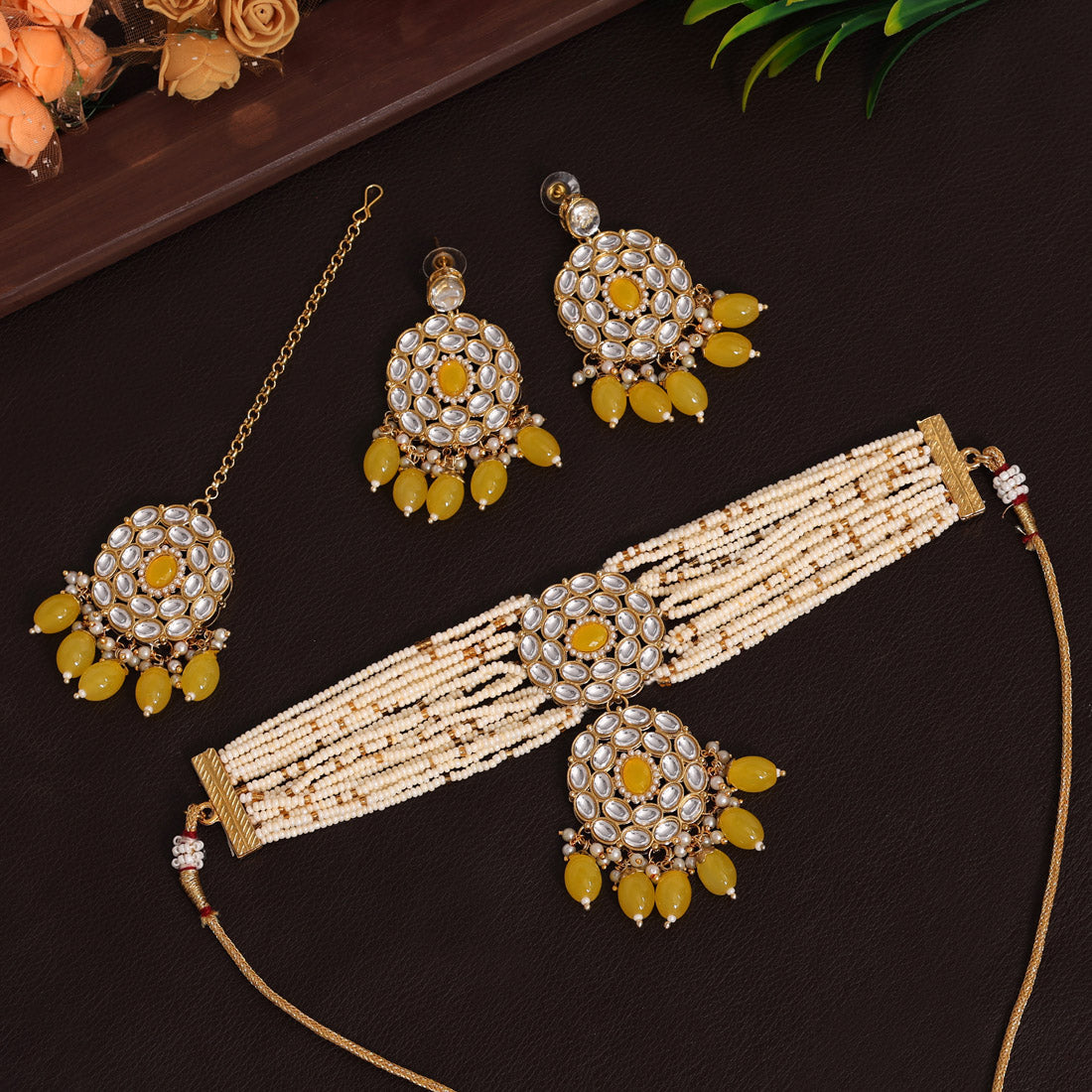 Yellow Color Choker Kundan Necklace Set (KN1343YLW) - preyans.com