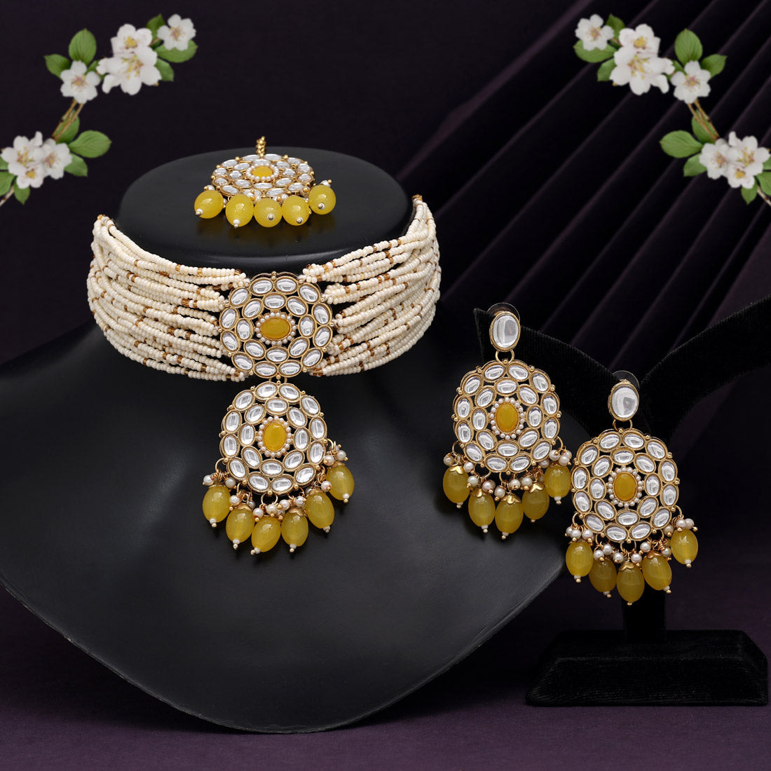 Yellow Color Choker Kundan Necklace Set (KN1343YLW) - preyans.com