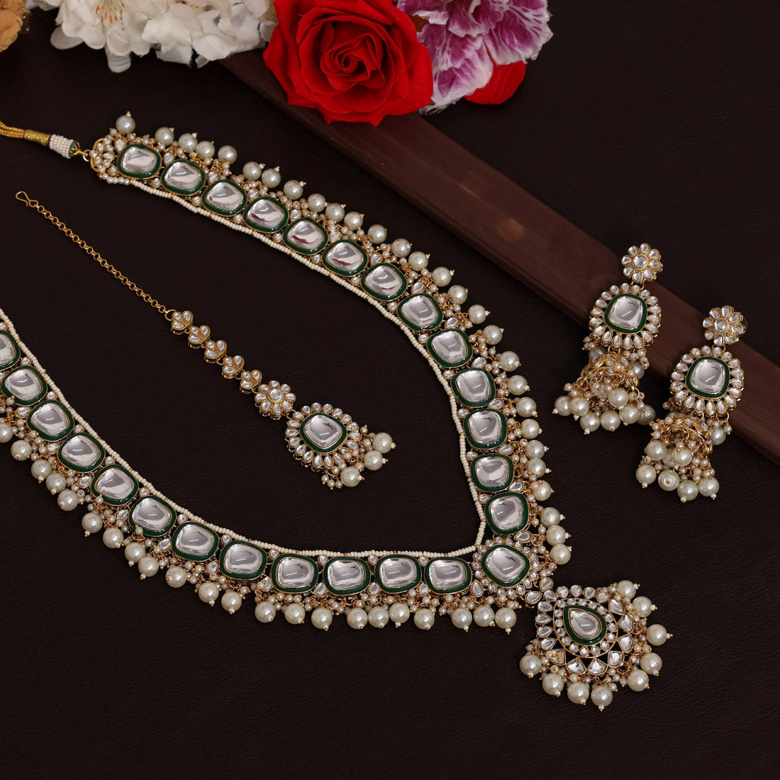 Green Color Long Kundan Necklace Set (KN1344GRN) - preyans.com