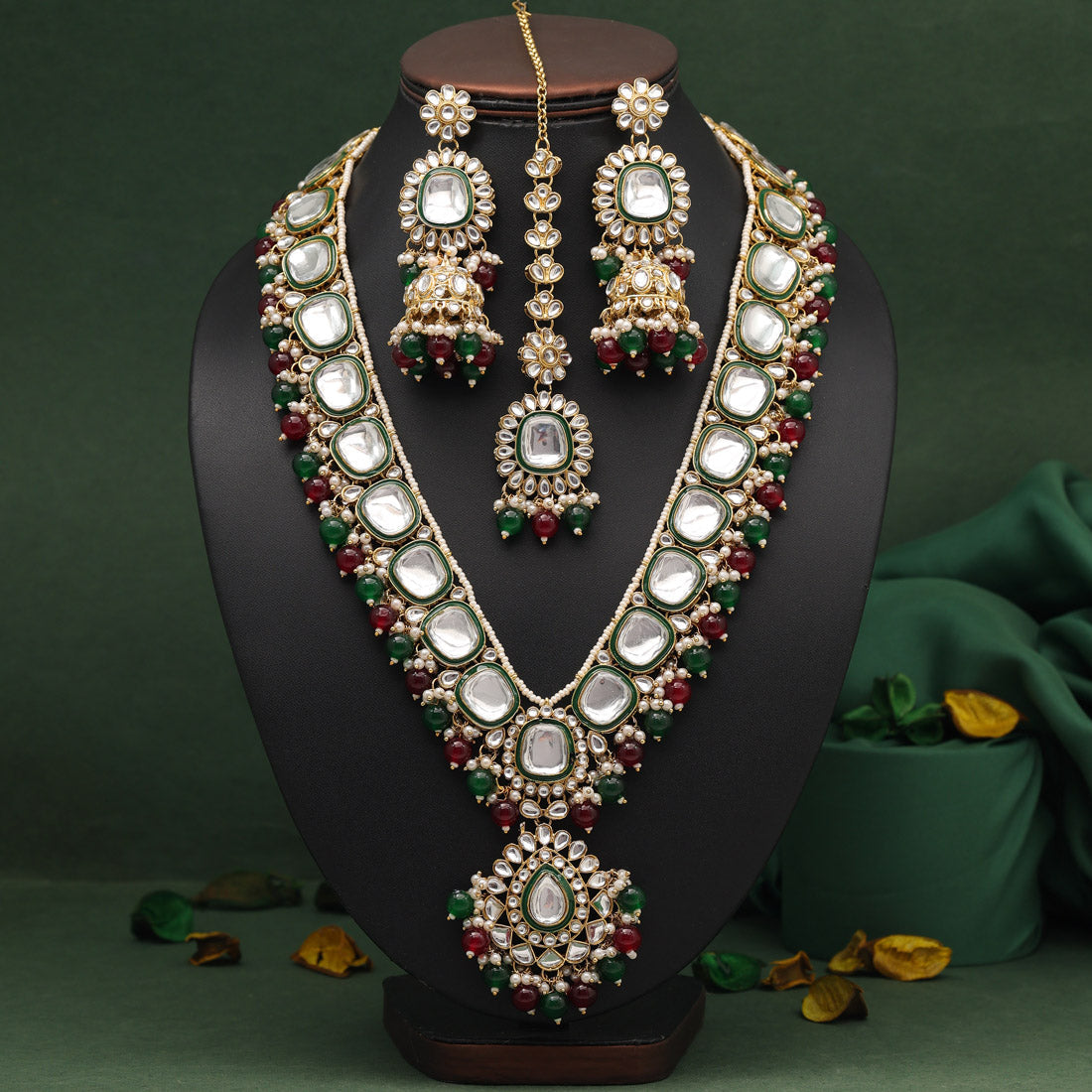 Maroon & Green Color Long Kundan Necklace Set (KN1344MG) - preyans.com