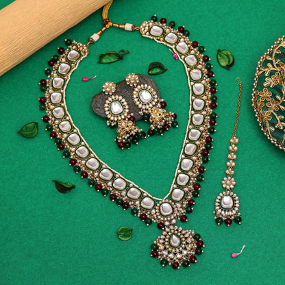 Maroon & Green Color Long Kundan Necklace Set (KN1344MG) - preyans.com