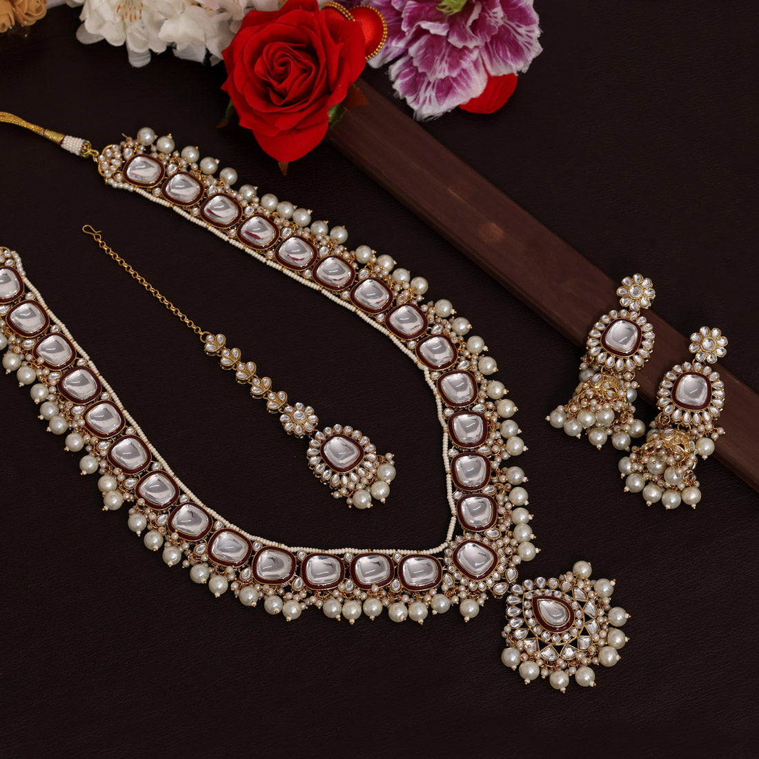 Maroon Color Long Kundan Necklace Set (KN1344MRN) - preyans.com