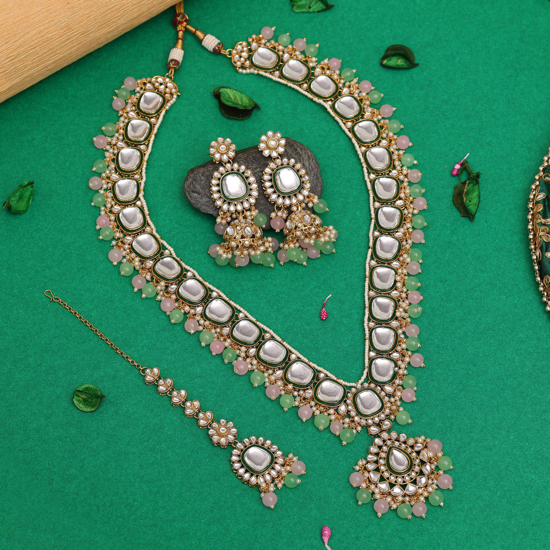 Pink & Parrot Green Color Long Kundan Necklace Set (KN1344PNKPGRN) - preyans.com