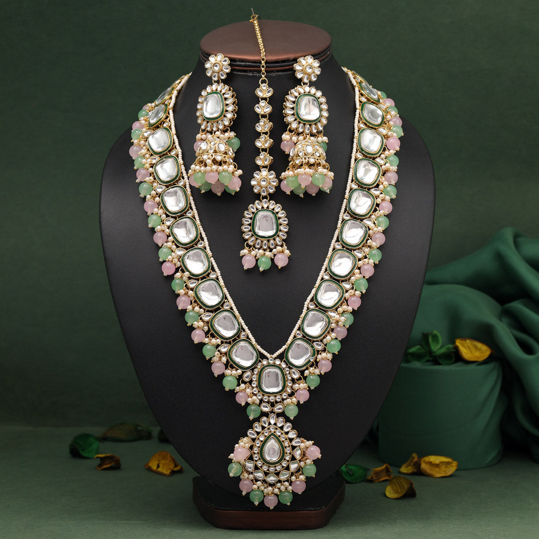 Pink & Parrot Green Color Long Kundan Necklace Set (KN1344PNKPGRN) - preyans.com