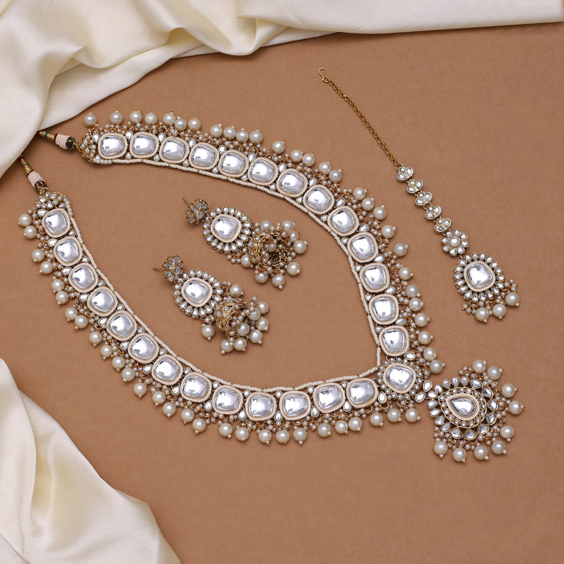 White Color Long Kundan Necklace Set (KN1344WHT) - preyans.com