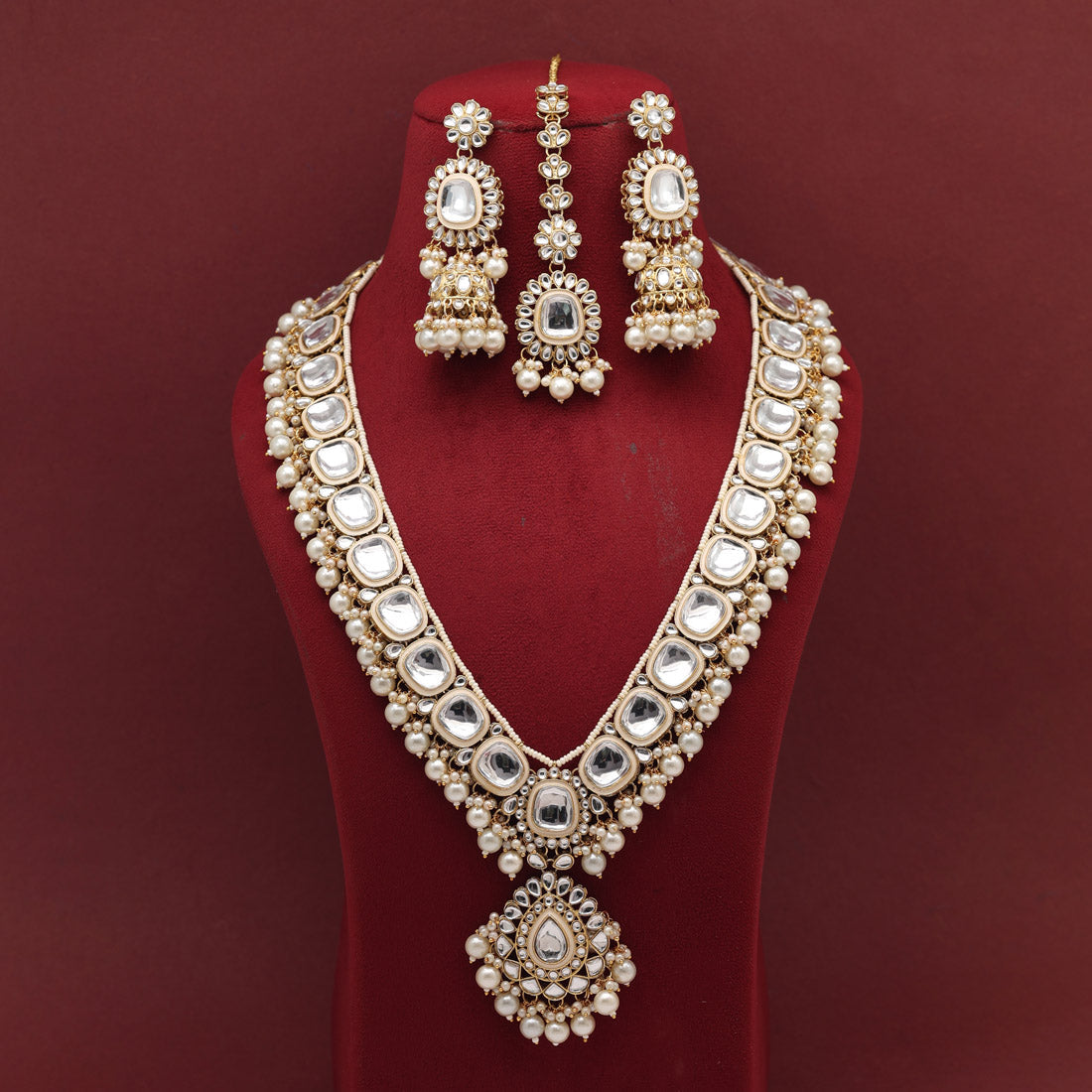 White Color Long Kundan Necklace Set (KN1344WHT) - preyans.com