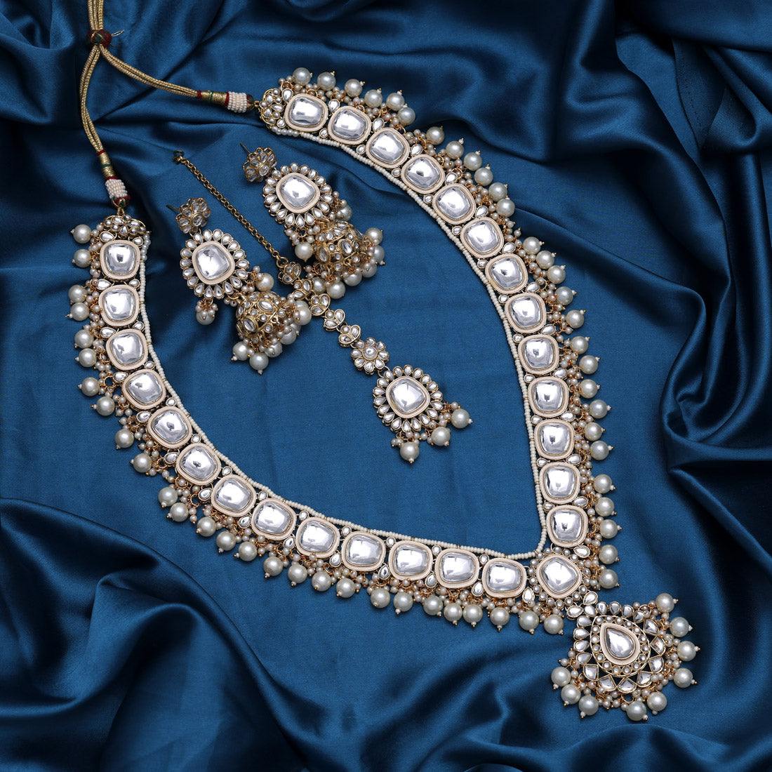 White Color Long Kundan Necklace Set (KN1344WHT) - preyans.com