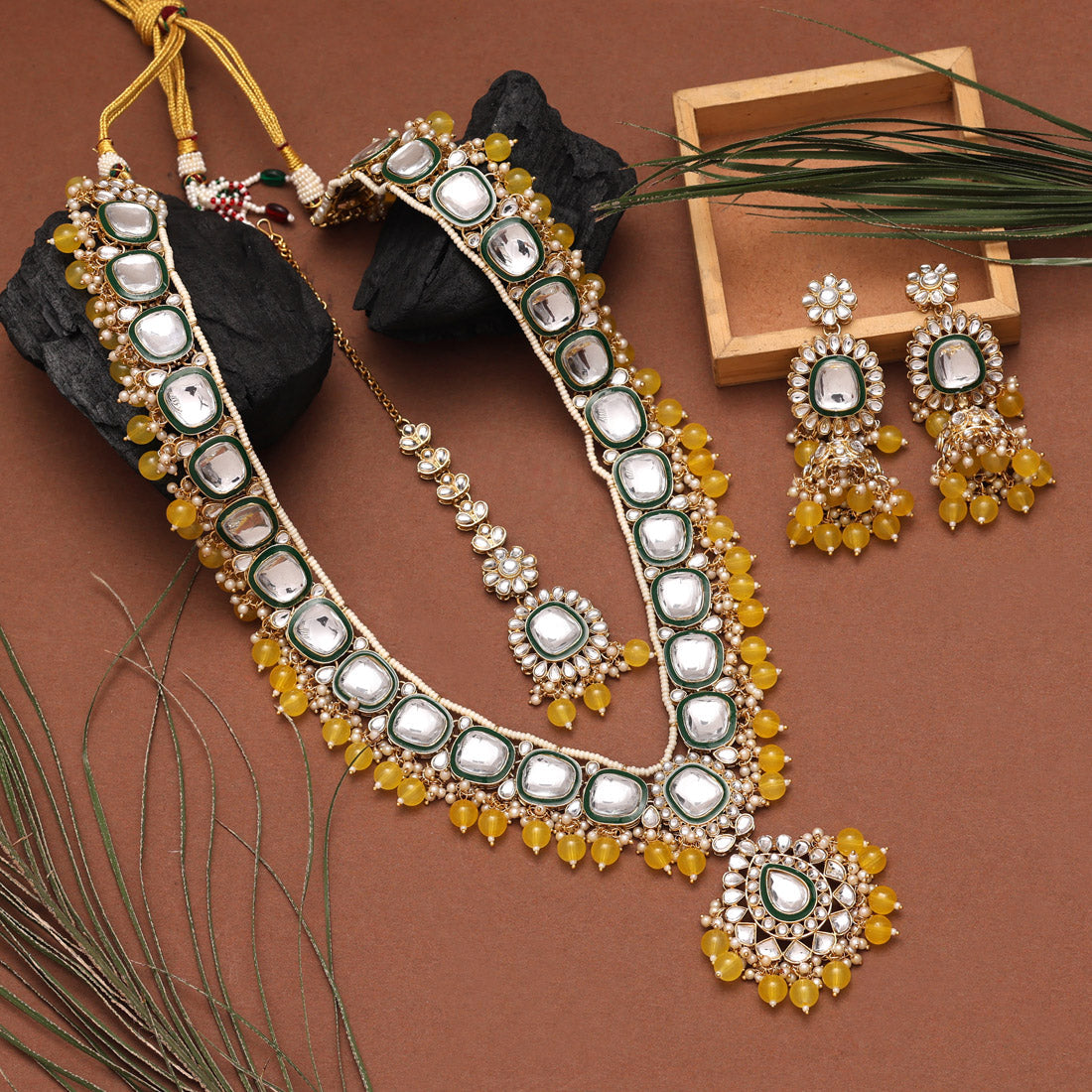 Yellow Color Long Kundan Necklace Set (KN1344YLW) - preyans.com