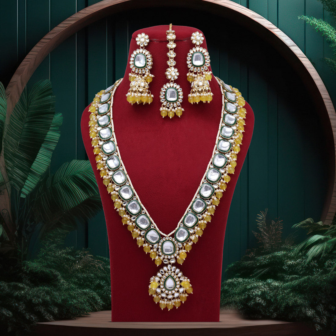 Yellow Color Long Kundan Necklace Set (KN1344YLW) - preyans.com