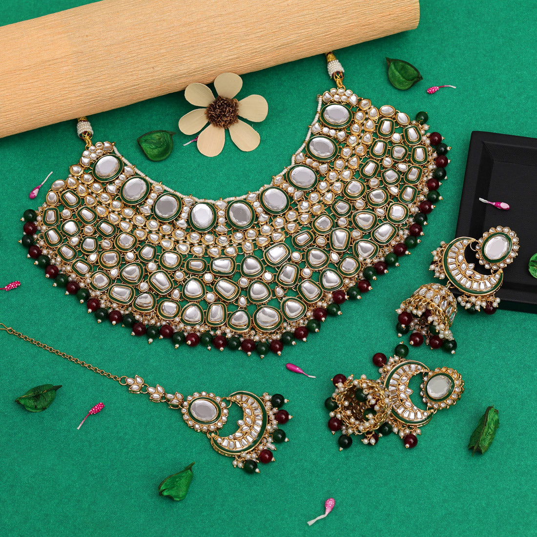 Maroon & Green Color Kundan Necklace Set (KN1345MG) - preyans.com