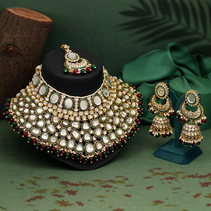 Maroon & Green Color Kundan Necklace Set (KN1345MG) - preyans.com