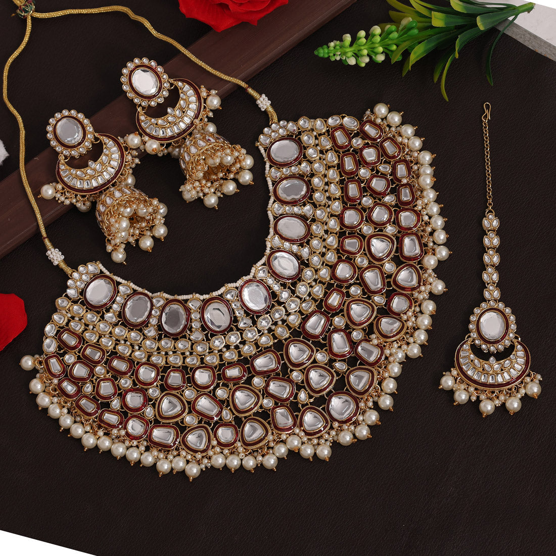 Maroon Color Kundan Necklace Set (KN1345MRN) - preyans.com