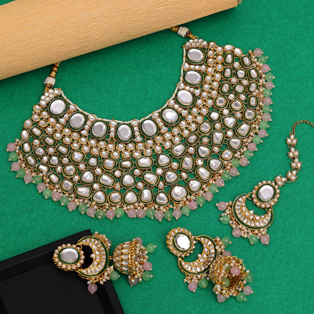 Pink & Parrot Green Color Kundan Necklace Set (KN1345PNKPGRN) - preyans.com