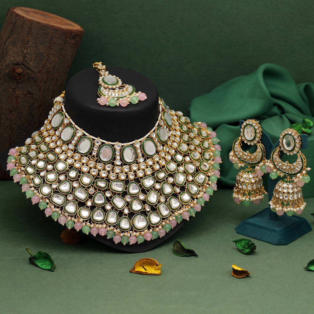 Pink & Parrot Green Color Kundan Necklace Set (KN1345PNKPGRN) - preyans.com