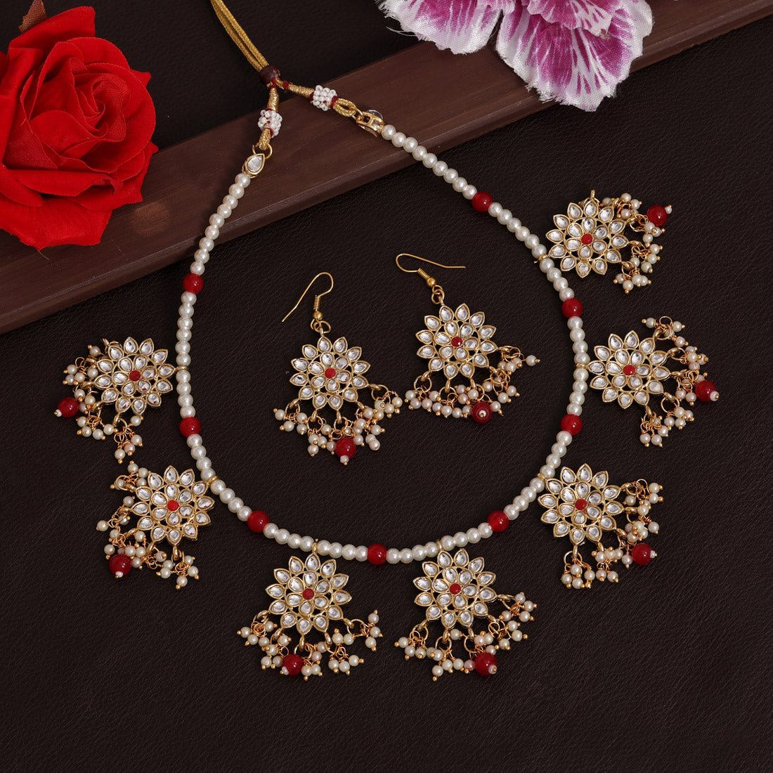 Red Color Kundan Necklace Set (KN1346RED) - preyans.com