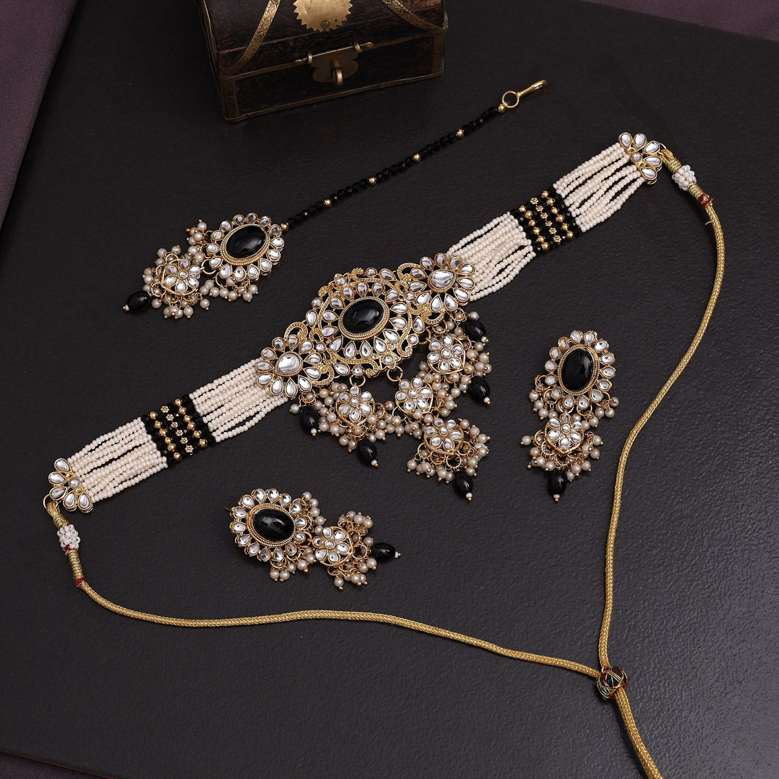 Black Color Choker Kundan Necklace Set (KN1356BLK) - preyans.com