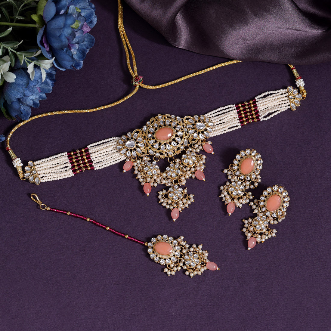 Peach Color Choker Kundan Necklace Set (KN1356PCH) - preyans.com