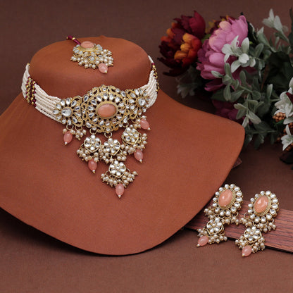 Peach Color Choker Kundan Necklace Set (KN1356PCH) - preyans.com